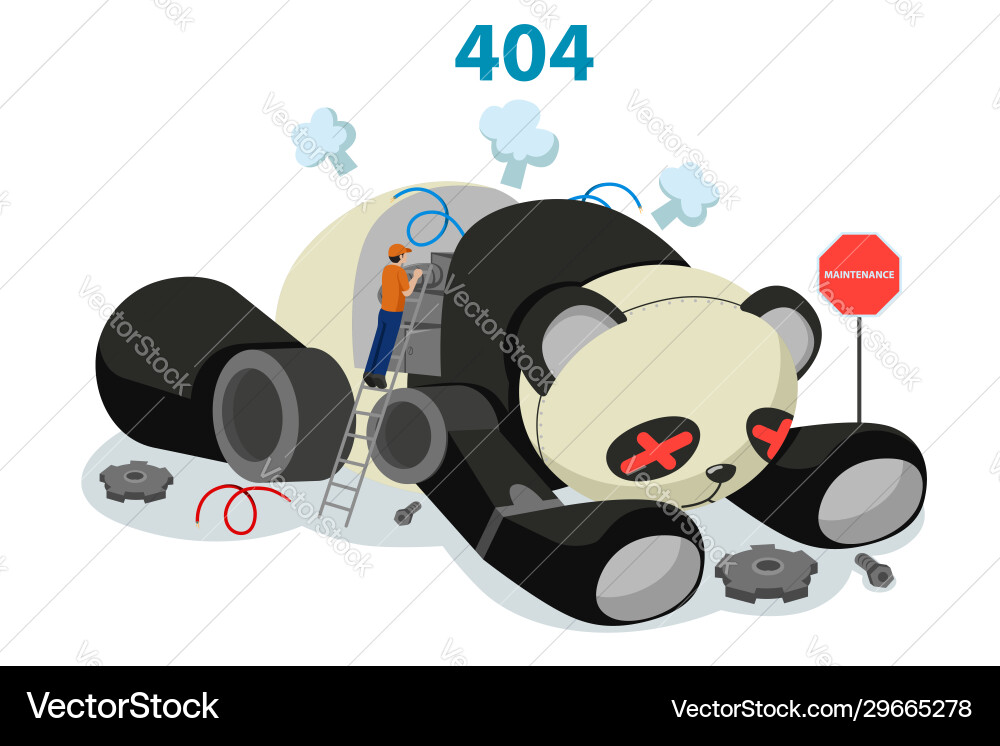 Broken panda robot showing 404 website error vector image