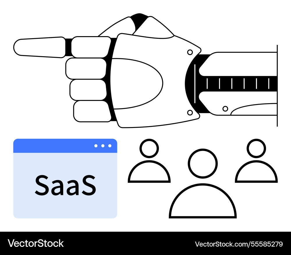 Robotic hand pointing towards saas model with user Robotic hand pointing towards saas model with user Vector Image