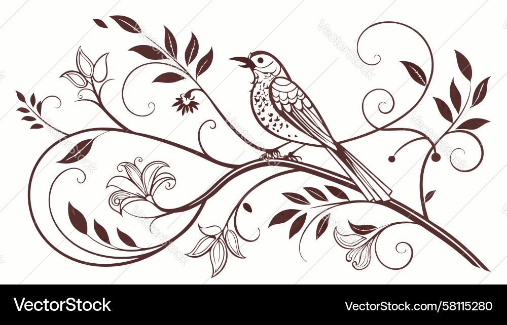 Elegant Bird Branch Motif Vector Image