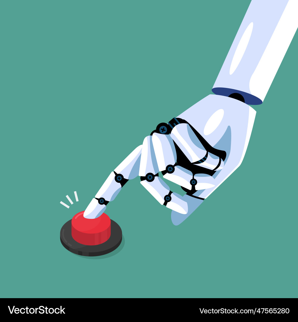 Robot hand pressing the red button Robot hand pressing the red button Vector Image