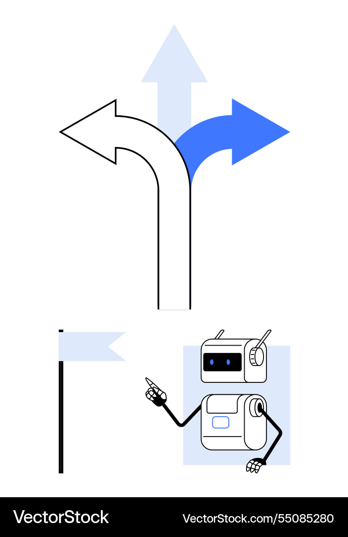 Roboter zeigt auf Flagge und drei Richtung Roboter zeigt auf Flagge und drei Richtung vektorbild