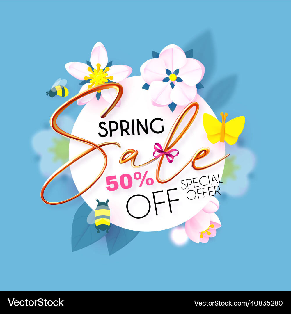 Spring sale banner with soft flowers and golden Spring sale banner with soft flowers and golden vector image