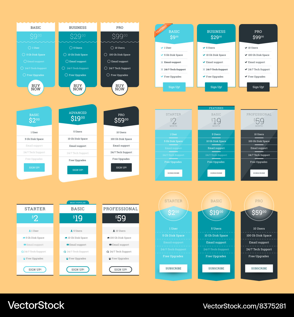 Set of pricing table design templates for websites Vector Image