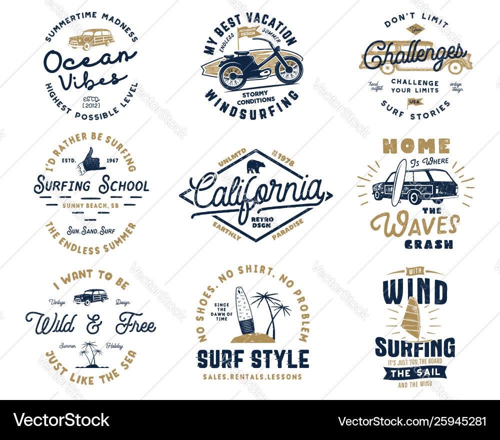 Vintage Surfing Emblems & Graphics Vector Image