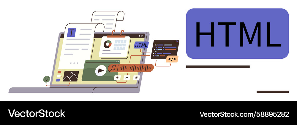 HTML Code Interface on Laptop Vector Image