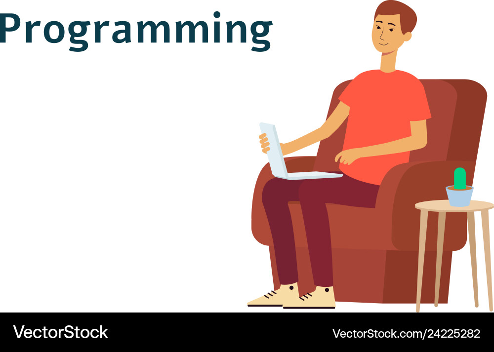 Man is programming on laptop and sitting in chair Man is programming on laptop and sitting in chair Vector Image