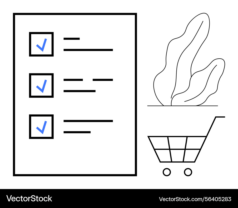 Checklist with checkmarks and cart highlighting Checklist with checkmarks and cart highlighting vector image