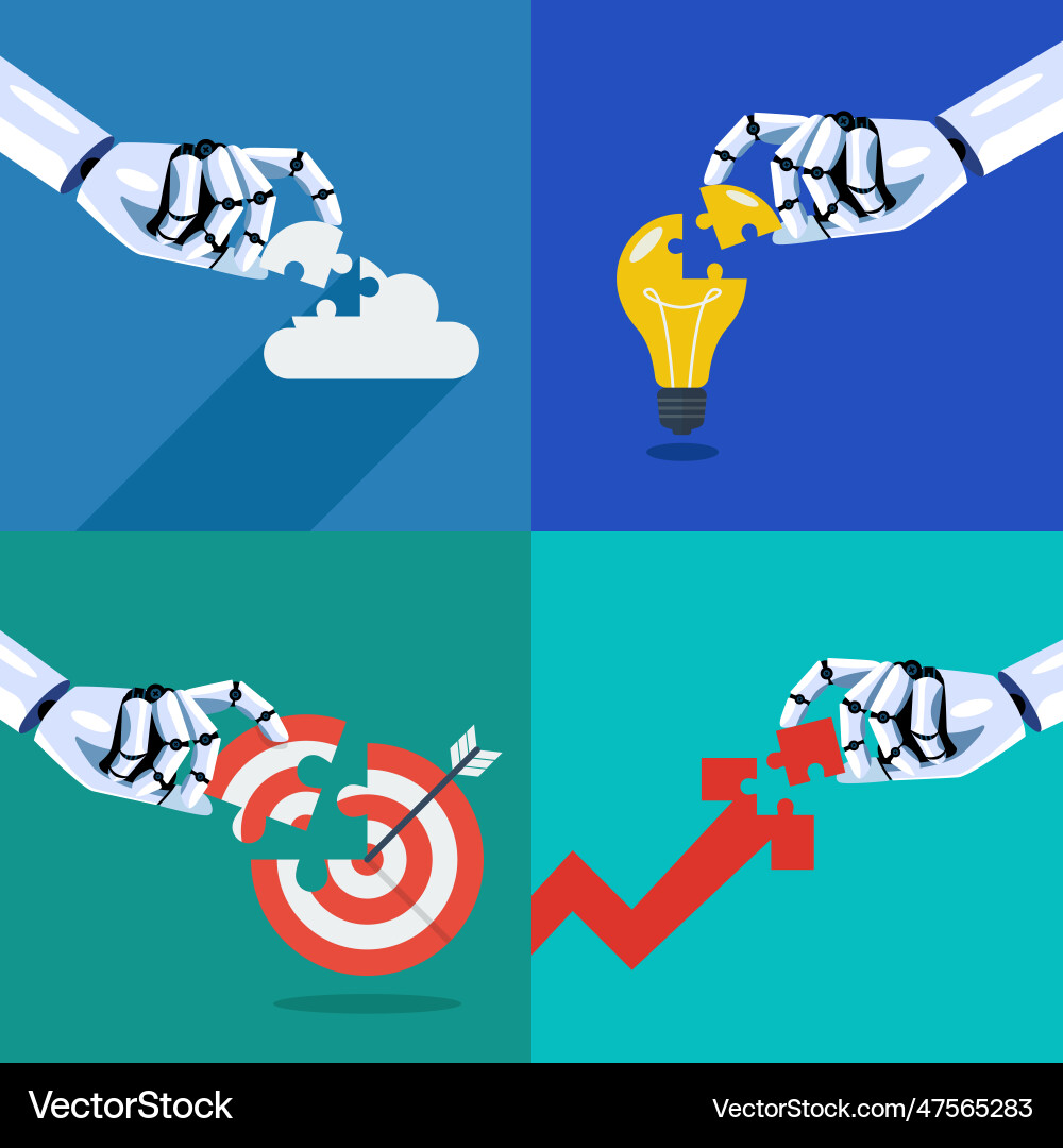 Robot inserts the missing puzzle in different Robot inserts the missing puzzle in different vector image