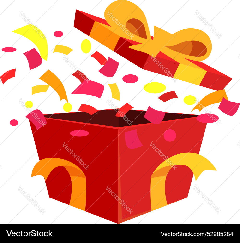 Red open gift box exploding with colorful confetti Red open gift box exploding with colorful confetti vector image
