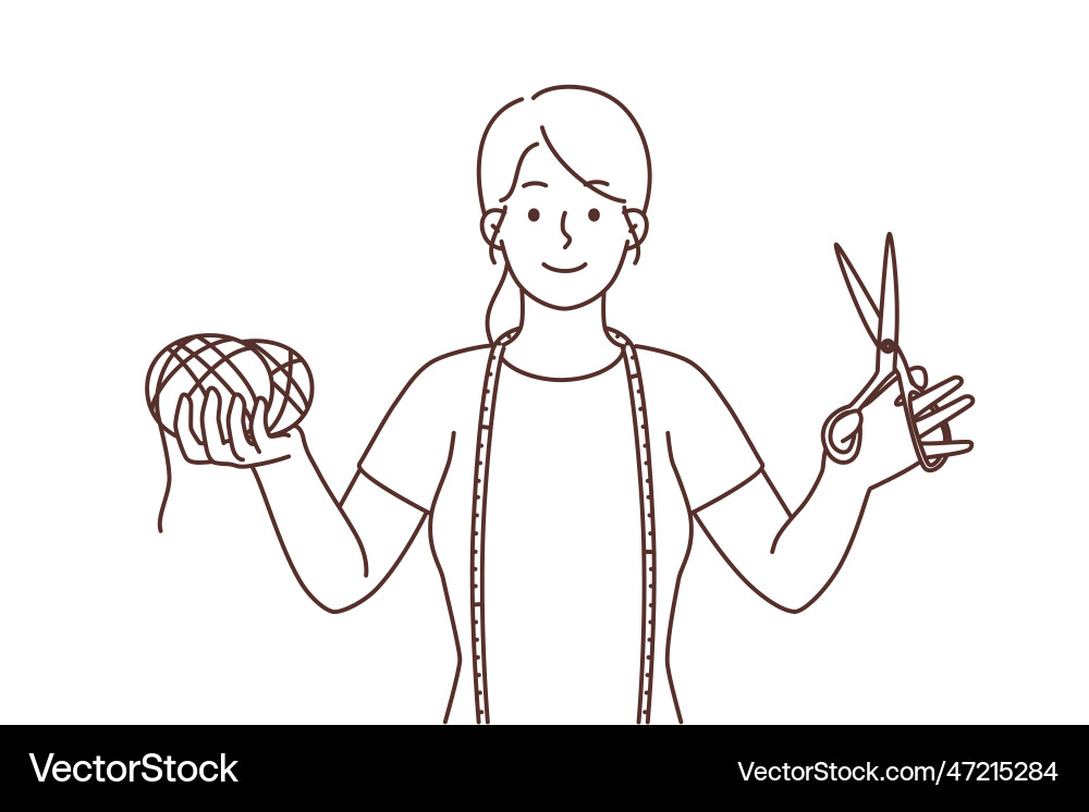 Seamstress with scissors and threads in hands Seamstress with scissors and threads in hands Vector Image