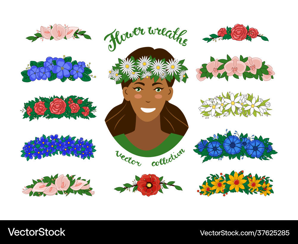 A girl in wreath chamomile set floral A girl in wreath chamomile set floral vector image