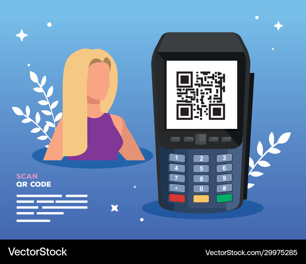 Businesswoman and dataphone with scan code qr Vector Image