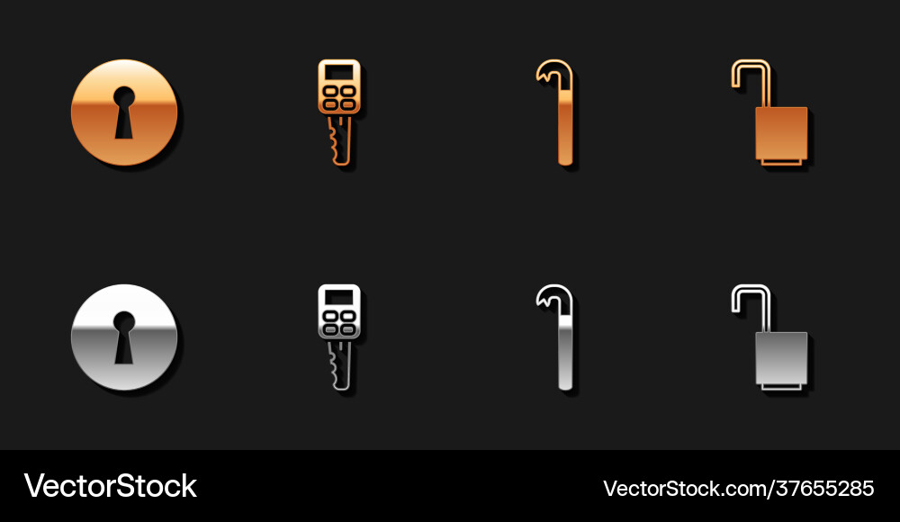Set keyhole car key with remote crowbar and open Vector Image