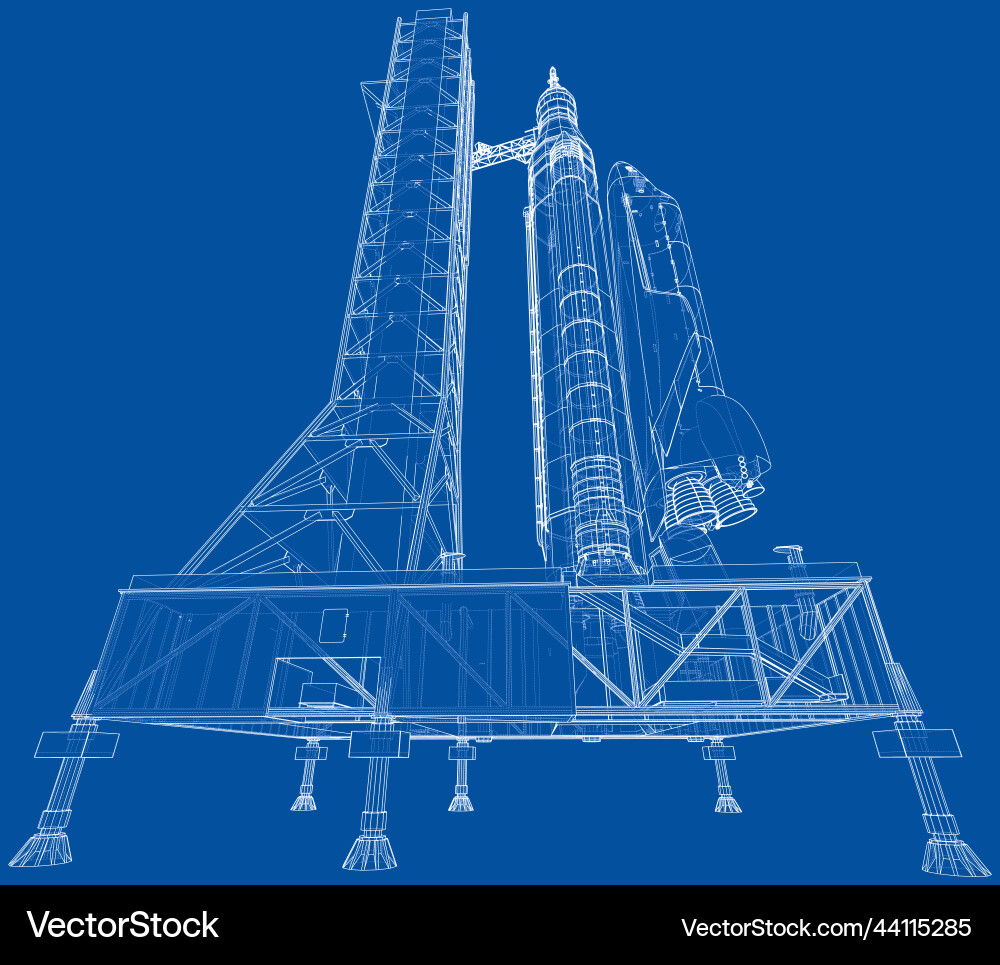 Space rocket on launch pad rendering of 3d vector image