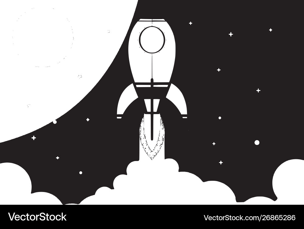 A spaceship rises into space through clouds Vector Image
