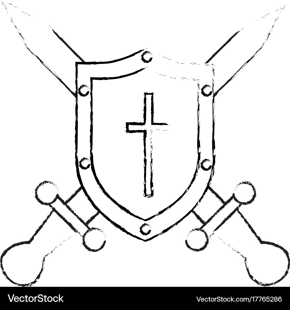 Pixelated shield with sword game icon Vector Image