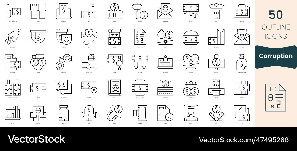 Set of corruption icons thin linear style Set of corruption icons thin linear style Vector Image
