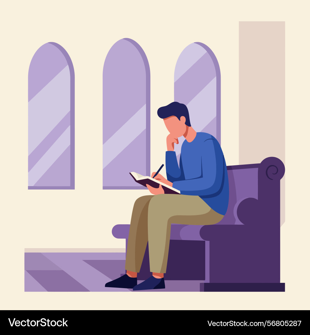 Man writing in notebook while sitting on a bench Man writing in notebook while sitting on a bench Vector Image