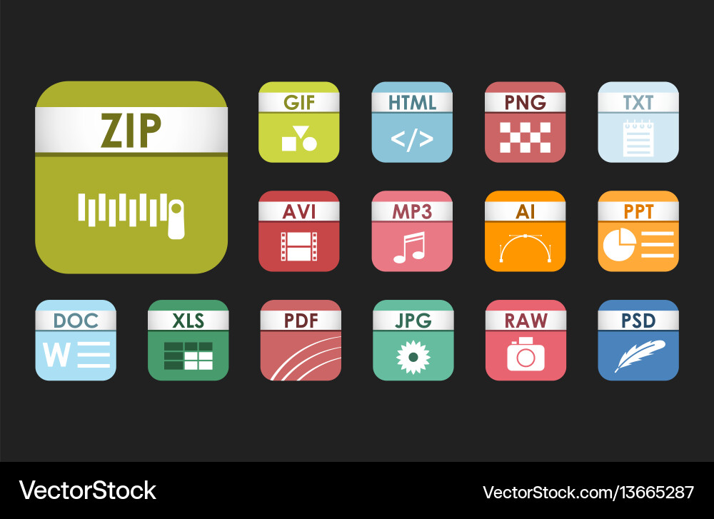 Simple square file types formats labels icon set Simple square file types formats labels icon set Vector Image