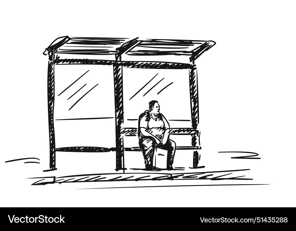 Bus stop drawing overweight man sitting Bus stop drawing overweight man sitting vector image