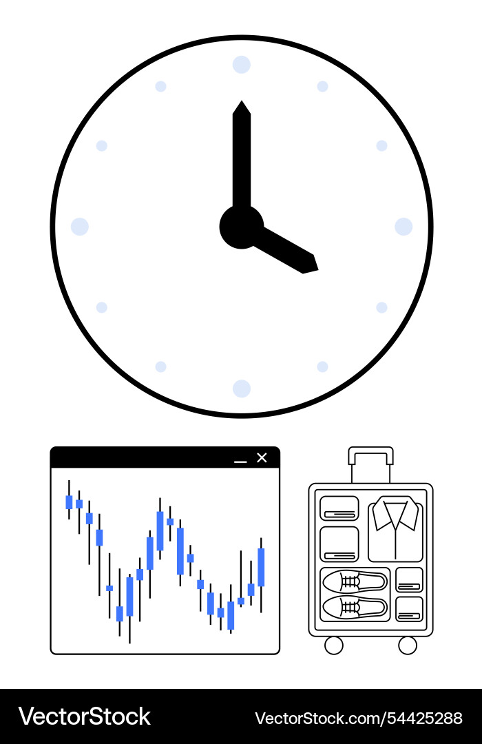 Clock with graph and packed suitcase representing Clock with graph and packed suitcase representing Vector Image
