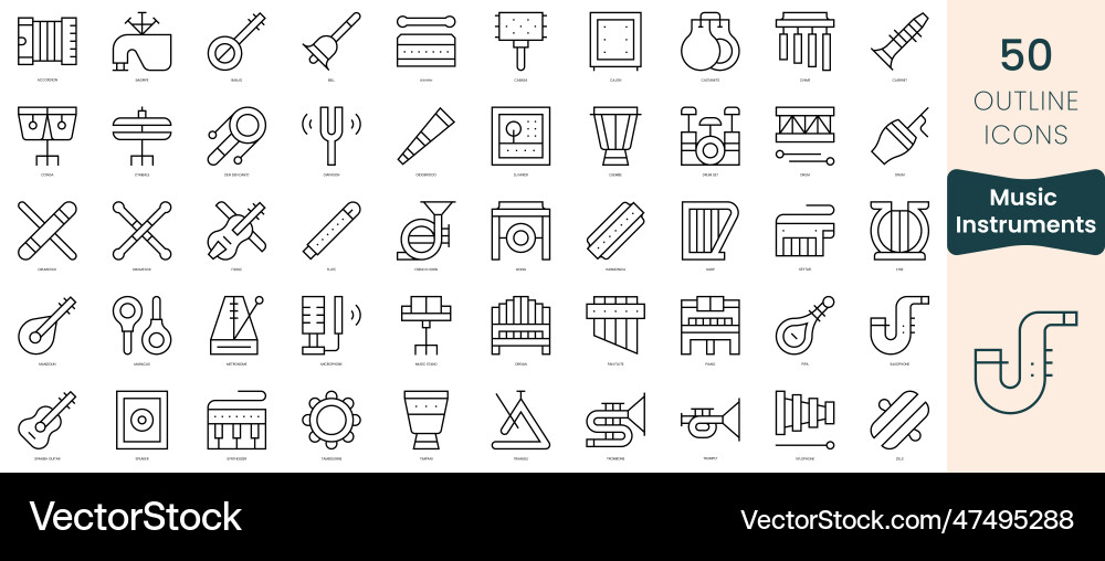 Set of music instruments icons thin linear style Set of music instruments icons thin linear style Vector Image