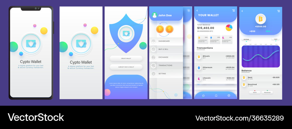 Crypto wallet mobile app ui kit including like Vector Image
