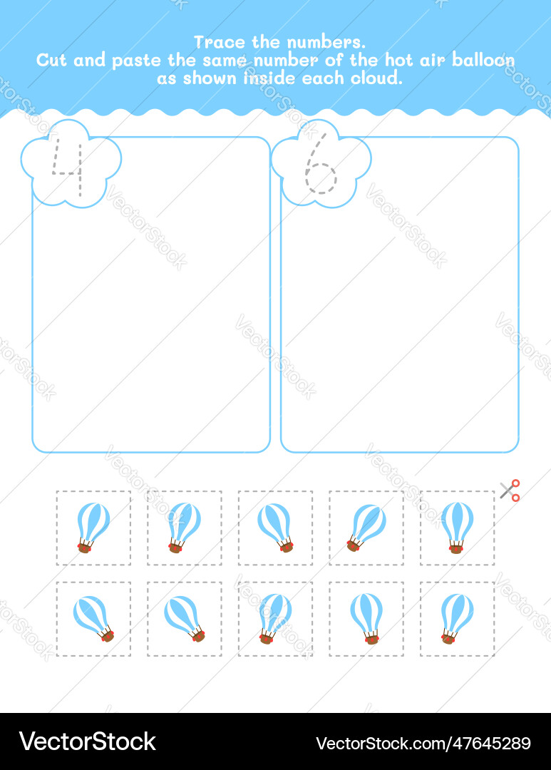Four and six count tracing number worksheet Vector Image