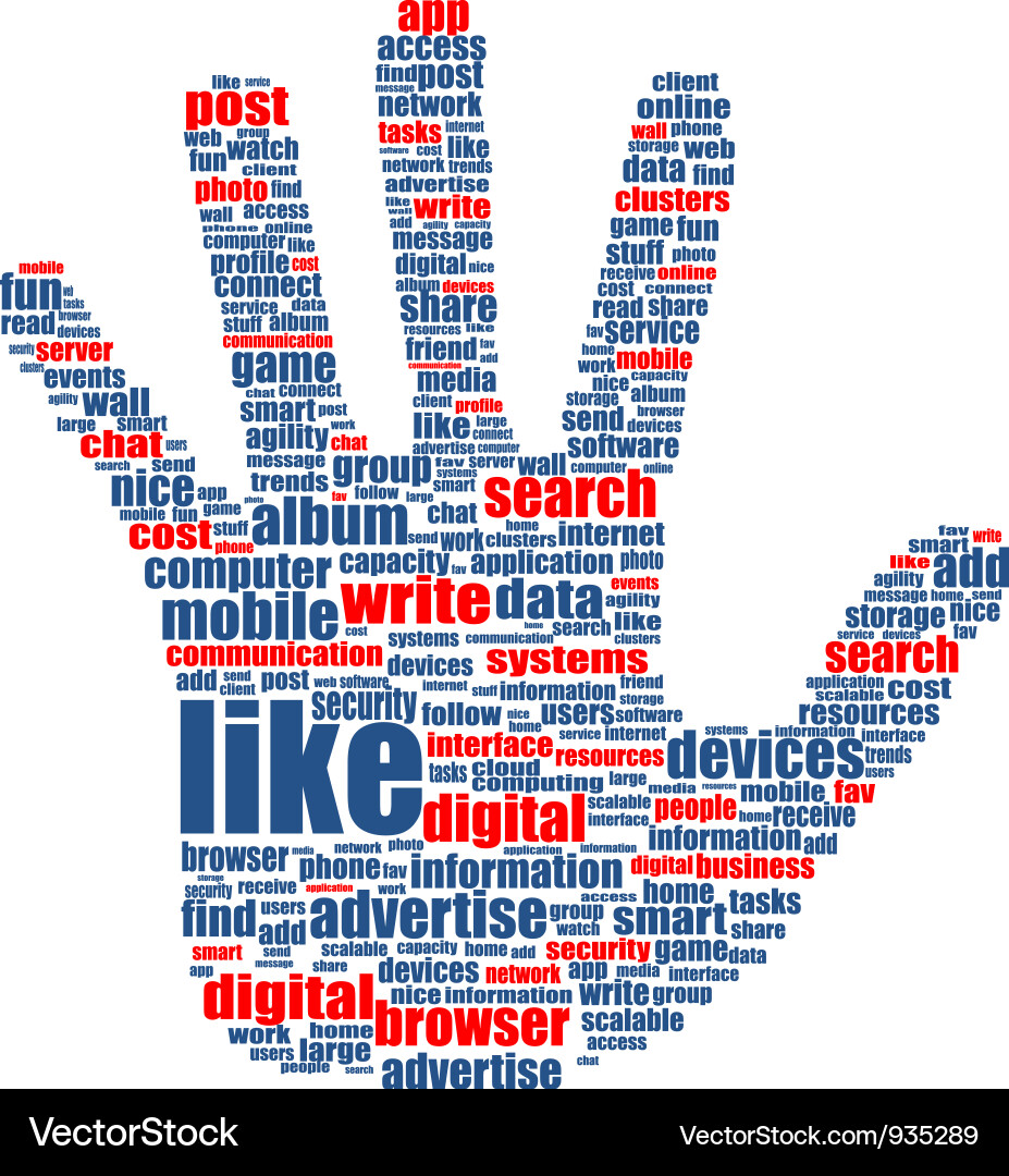 Hands which is composed of text keywords on social Vector Image