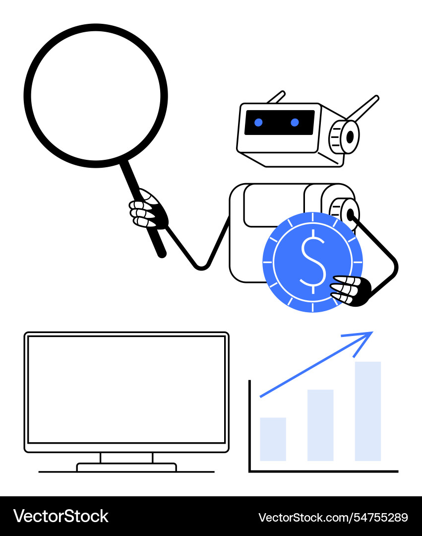 Robot holding magnifying glass and coin with graph Robot holding magnifying glass and coin with graph vector image
