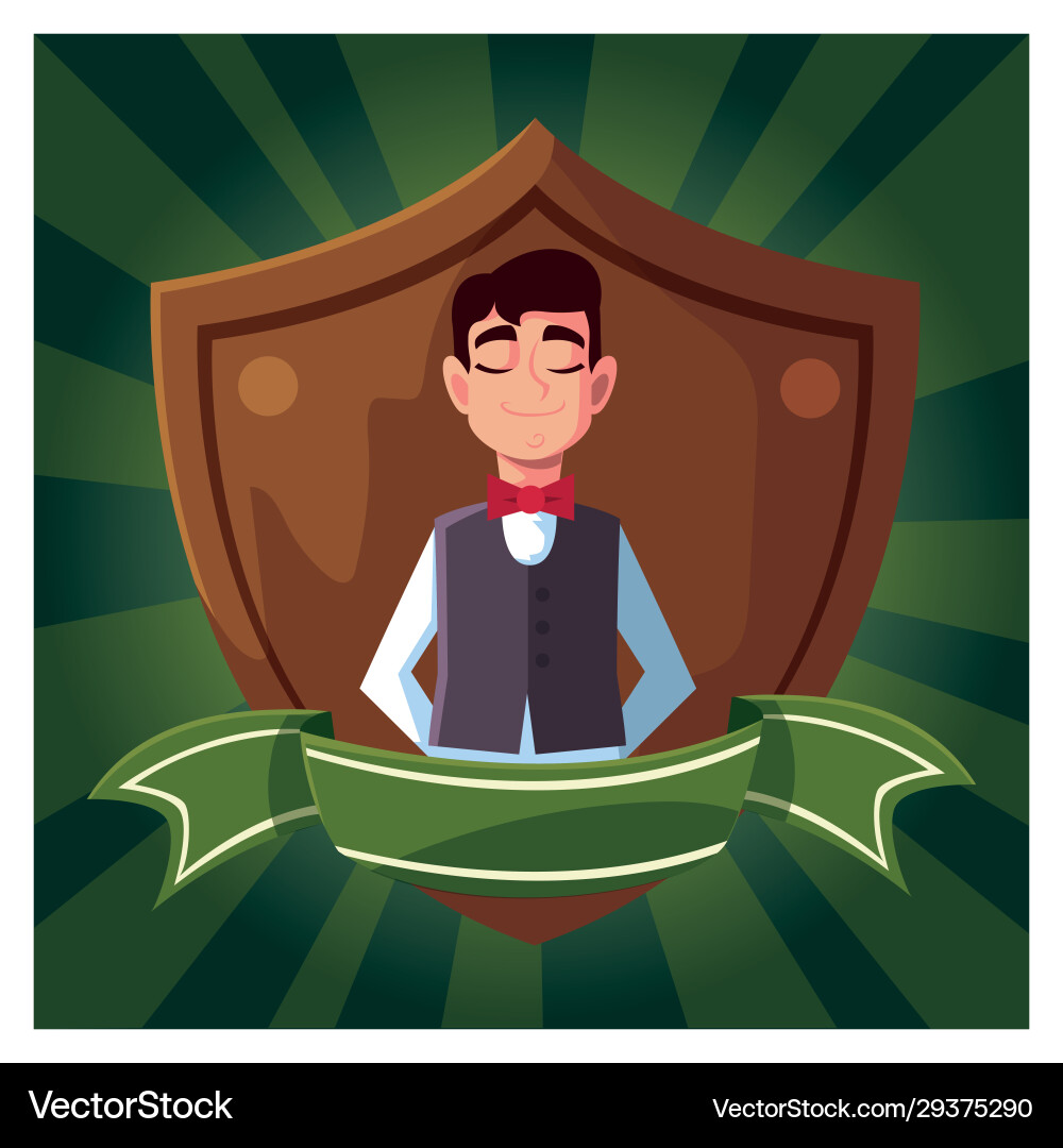 Man waiter with uniform in shield ribbon Man waiter with uniform in shield ribbon Vector Image