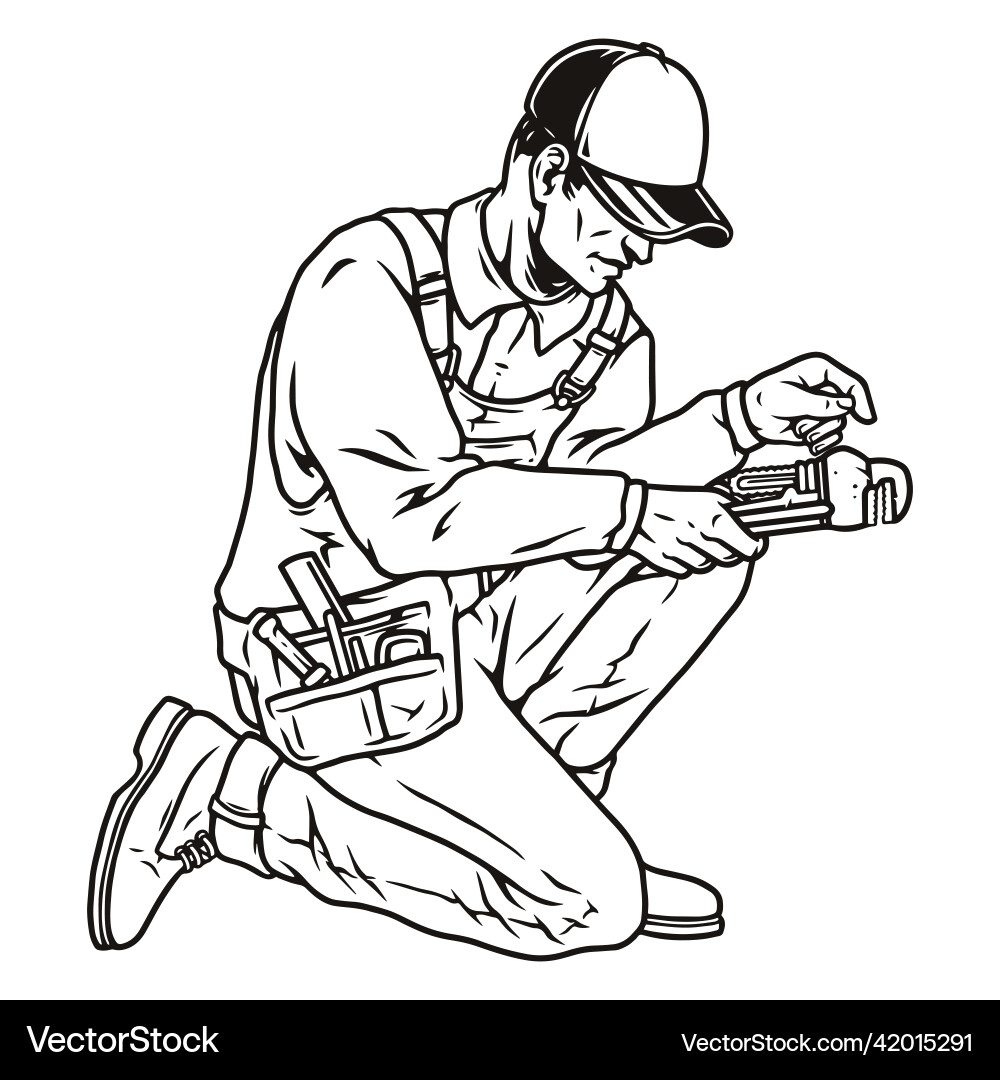 Plumber with Pipe Wrench - Monochrome Vector Image