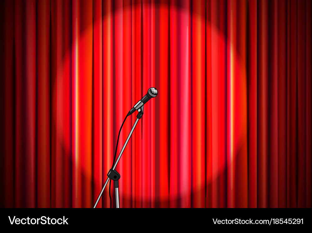 Red curtain with shiny microphone in round vector image