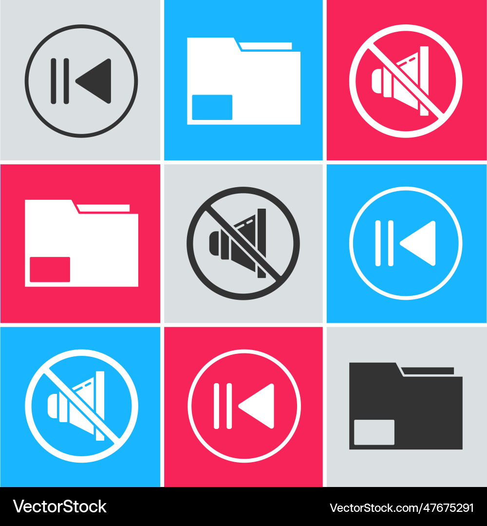 Set rewind document folder and speaker mute icon Set rewind document folder and speaker mute icon Vector Image