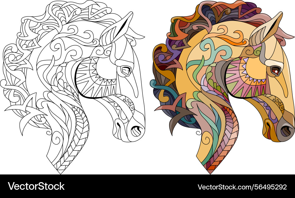 Entangle horse head hand drawn decorative color Entangle horse head hand drawn decorative color Vector Image