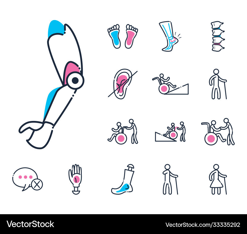 Handicapped line and fill style icon set vector image