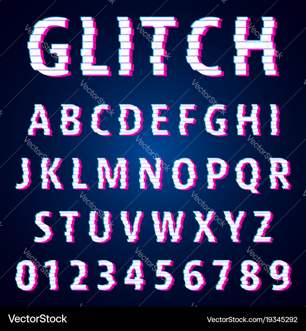Set of letters and numbers glitch effect design vector image