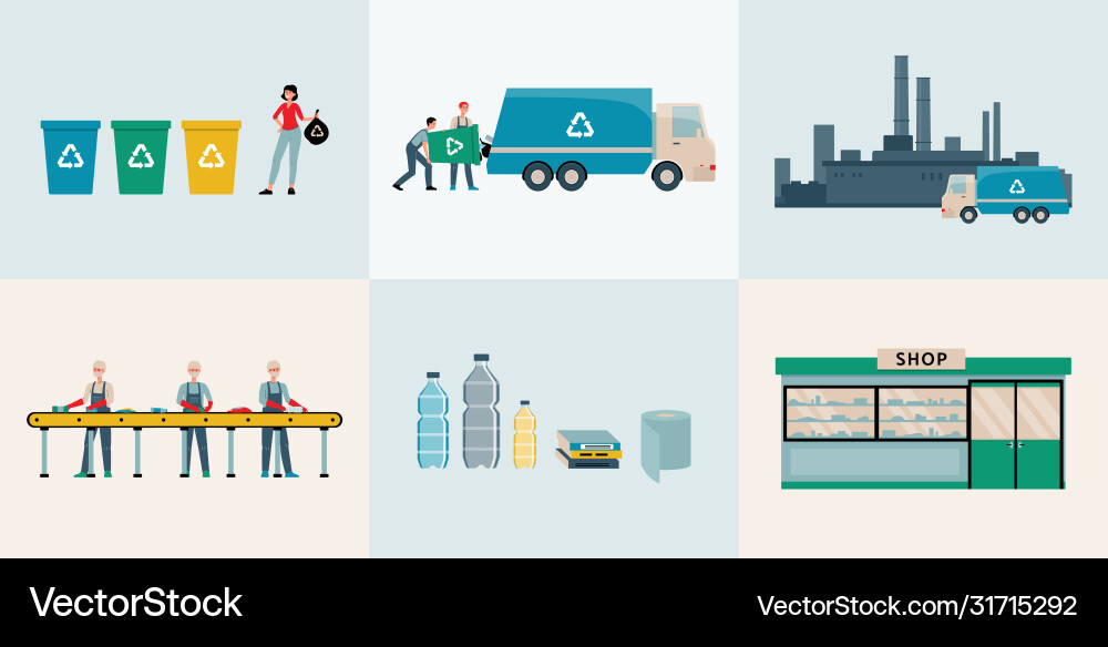 Waste recycling process or garbage processing set Waste recycling process or garbage processing set Vector Image