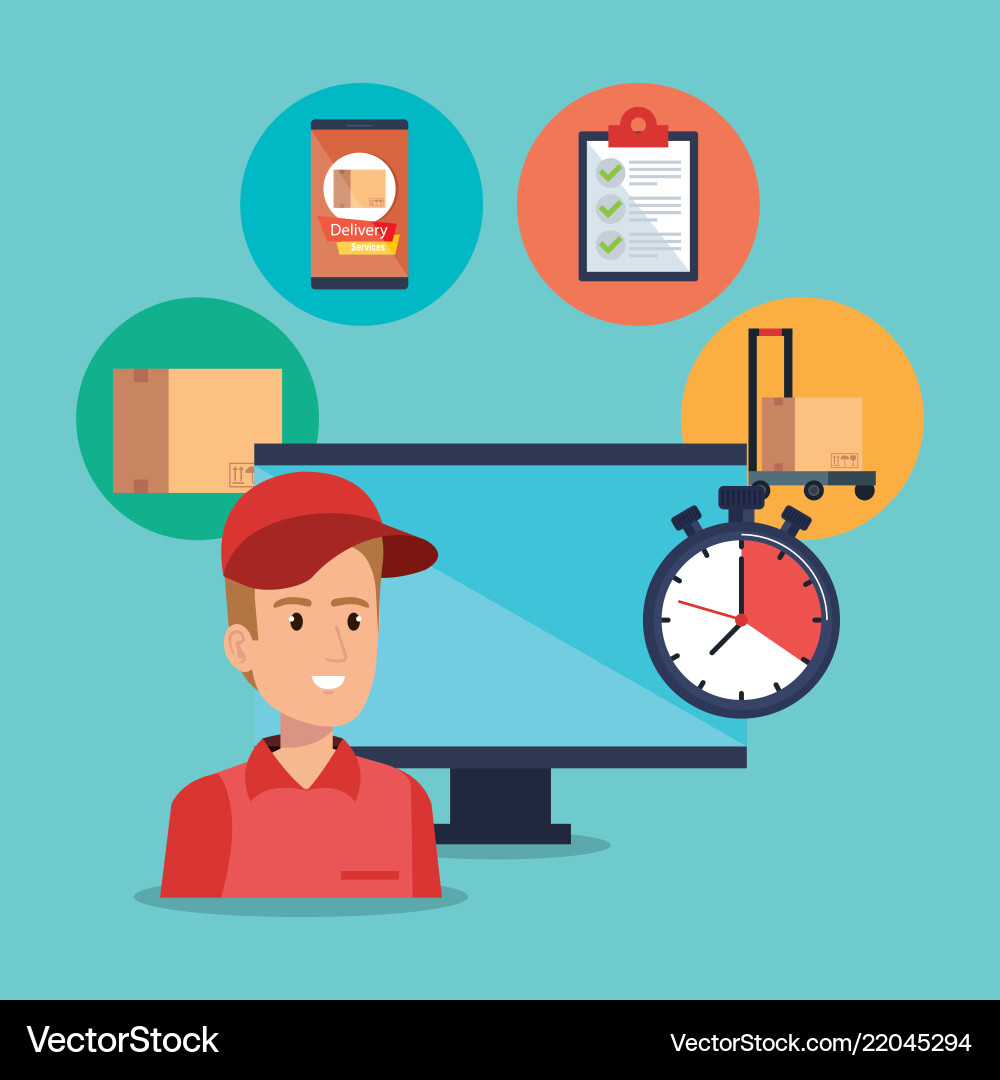 Delivery service worker with computer Delivery service worker with computer Vector Image