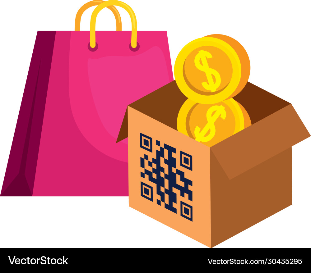 Qr code over box bag and coins design Vector Image