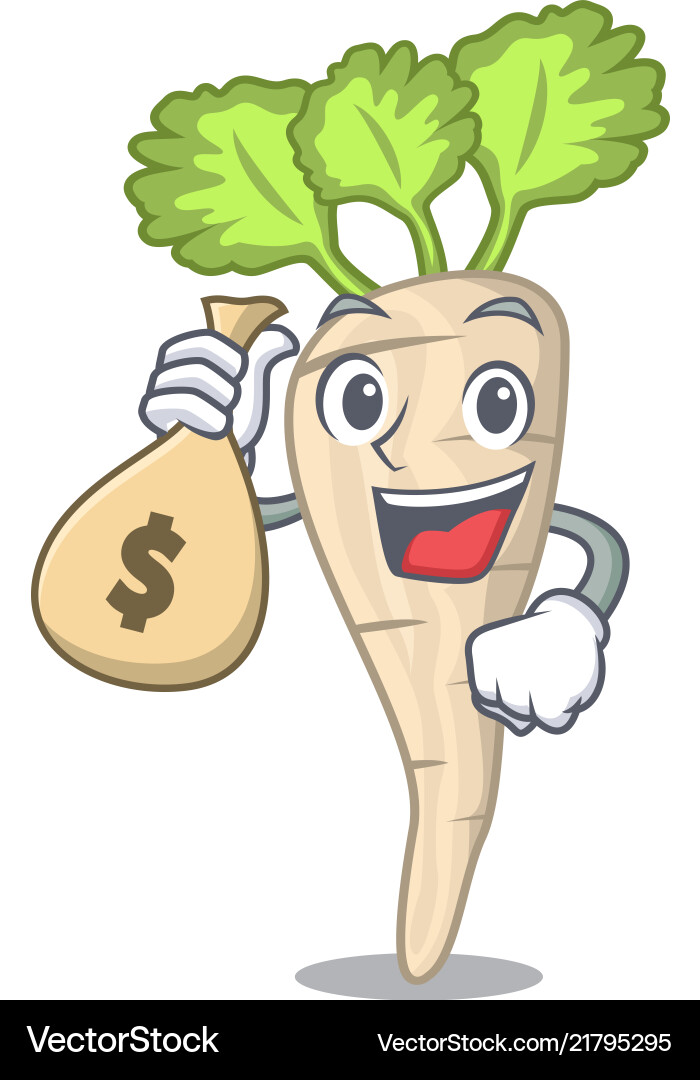 With money bag character parsnip root leaf With money bag character parsnip root leaf Vector Image