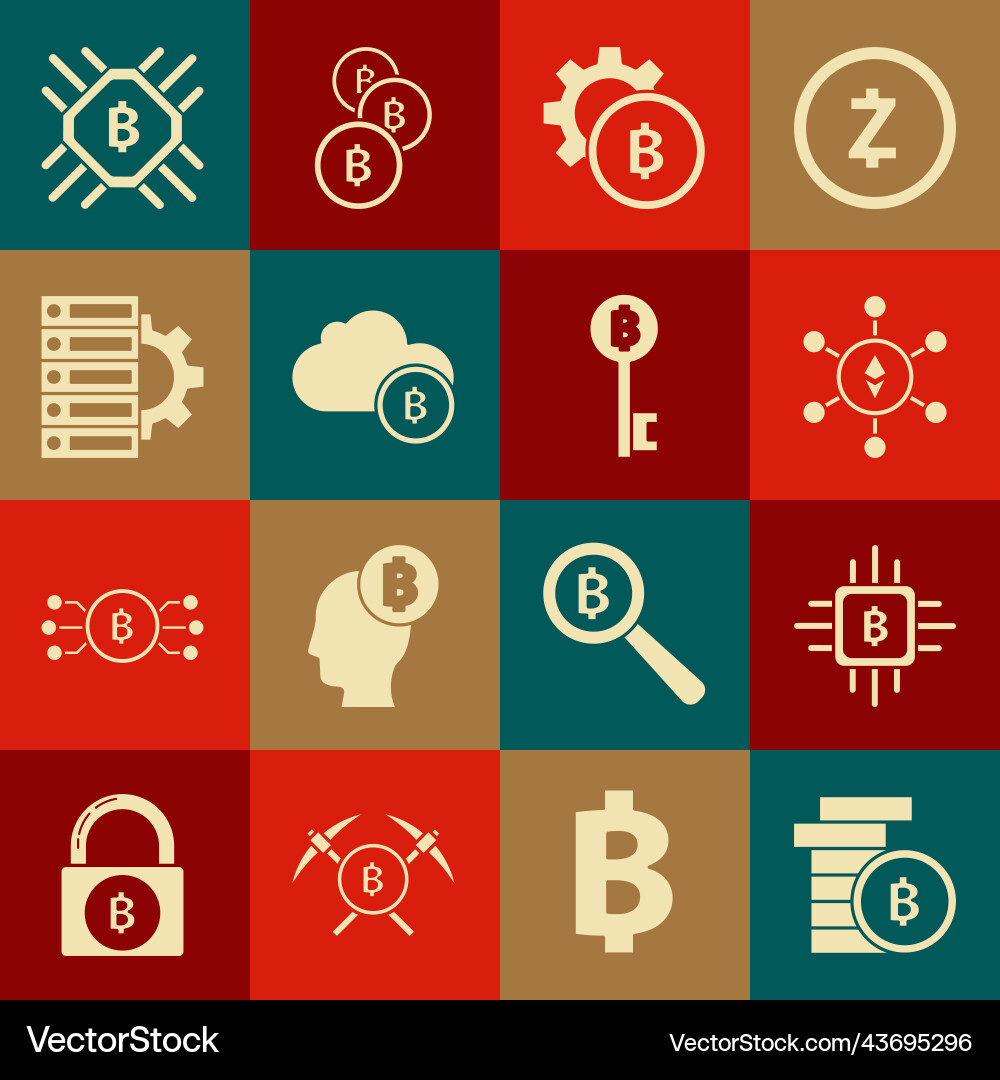 Set cryptocurrency coin bitcoin cpu mining farm Vector Image