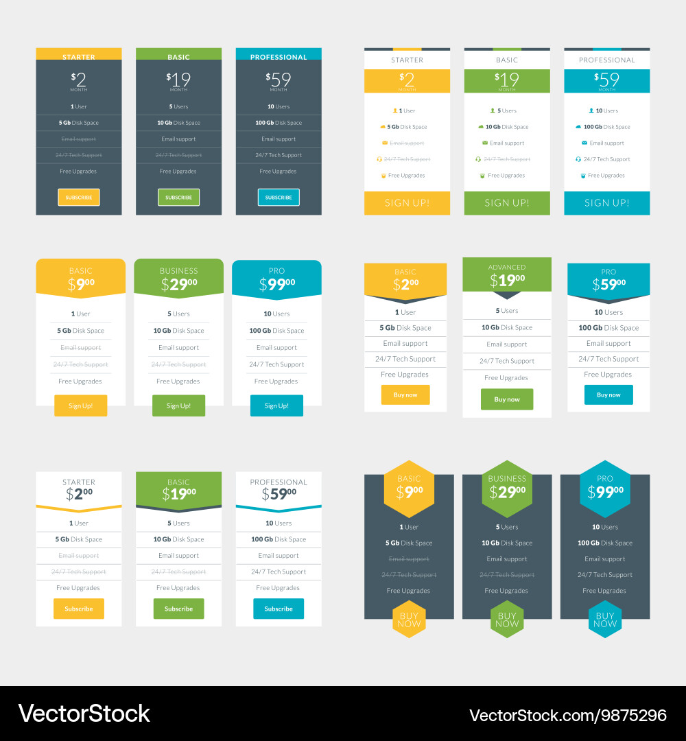 Set of pricing table design templates for websites vector image