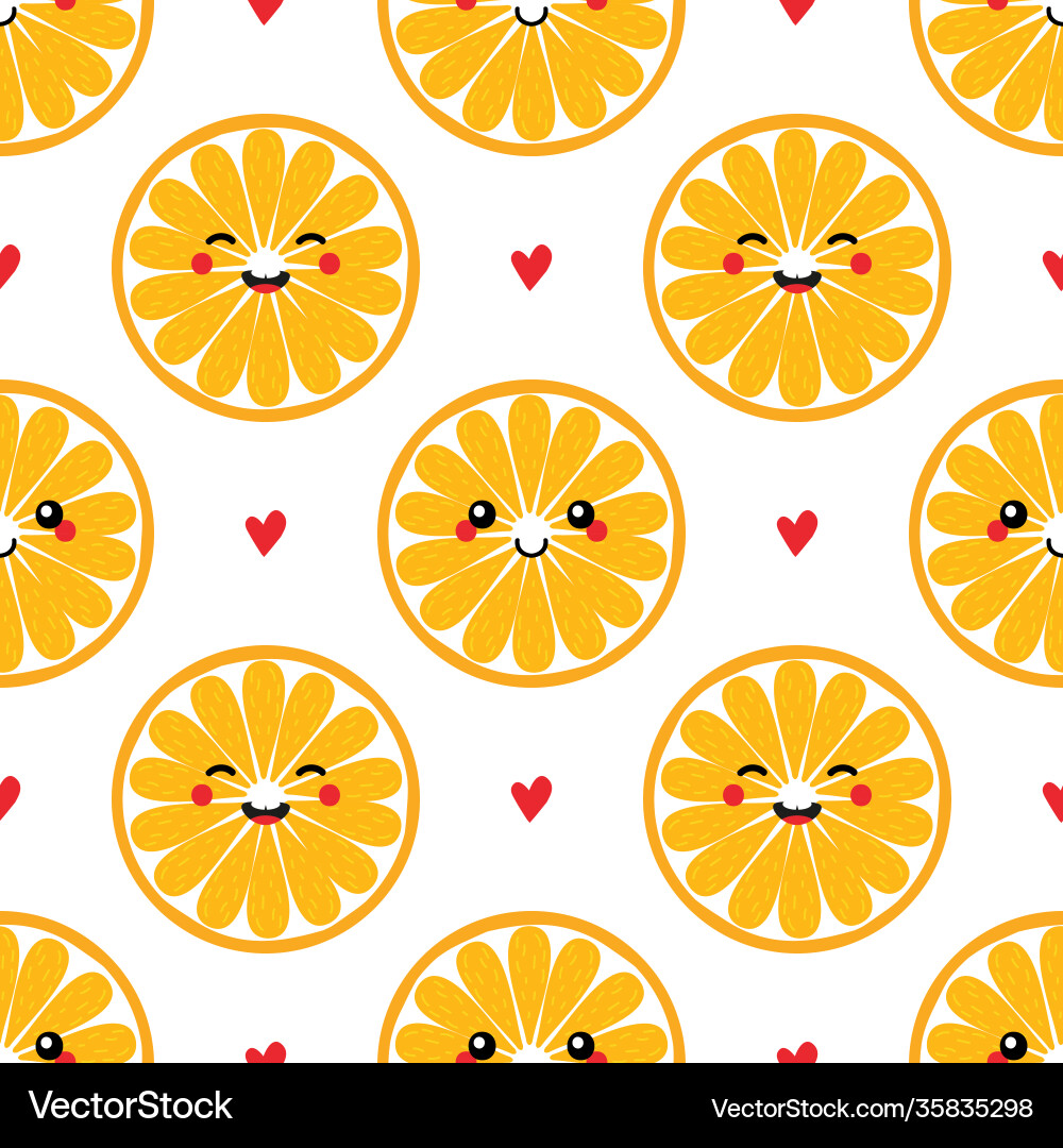 Orange round slice characters and hearts pattern Orange round slice characters and hearts pattern vector image