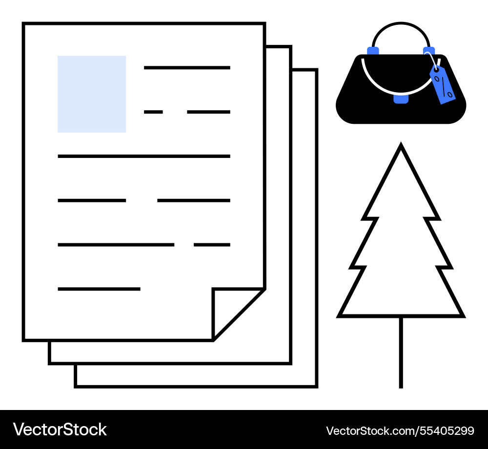 Documents overlapping with handbag and pine tree Documents overlapping with handbag and pine tree vector image