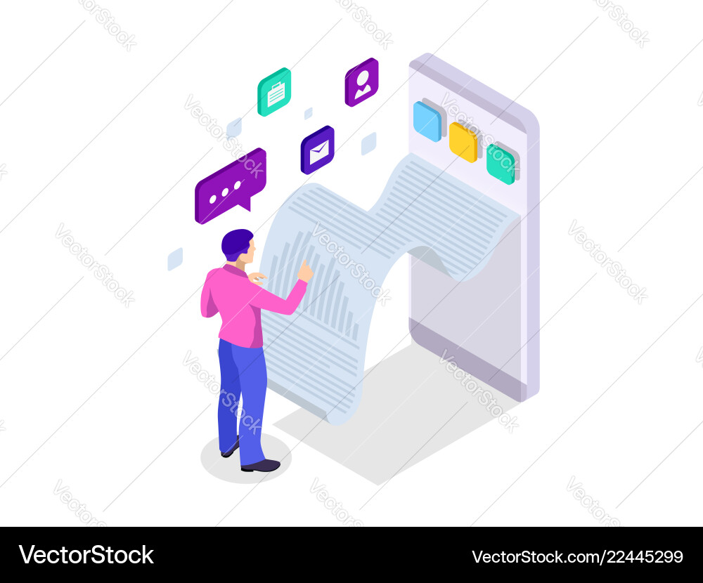 Isometric receipt of statistics data notification Isometric receipt of statistics data notification vector image