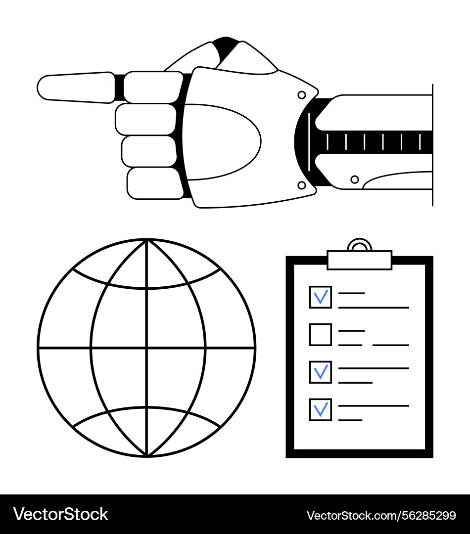 Robotic hand pointing with globe and checklist Robotic hand pointing with globe and checklist vector image