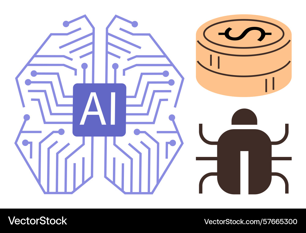 Ai circuit brain with coins and bug symbolizing Ai circuit brain with coins and bug symbolizing vector image