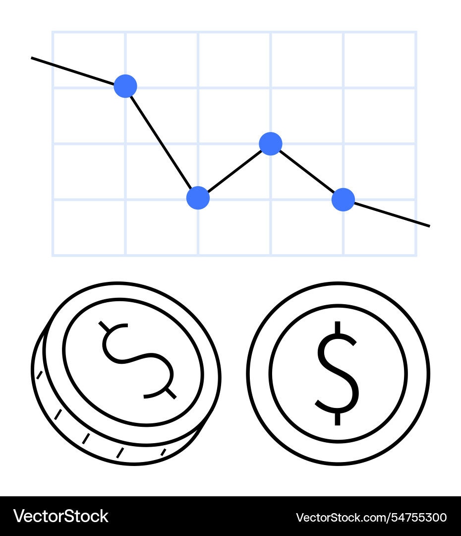 Declining graph with dollar coins representing Declining graph with dollar coins representing vector image