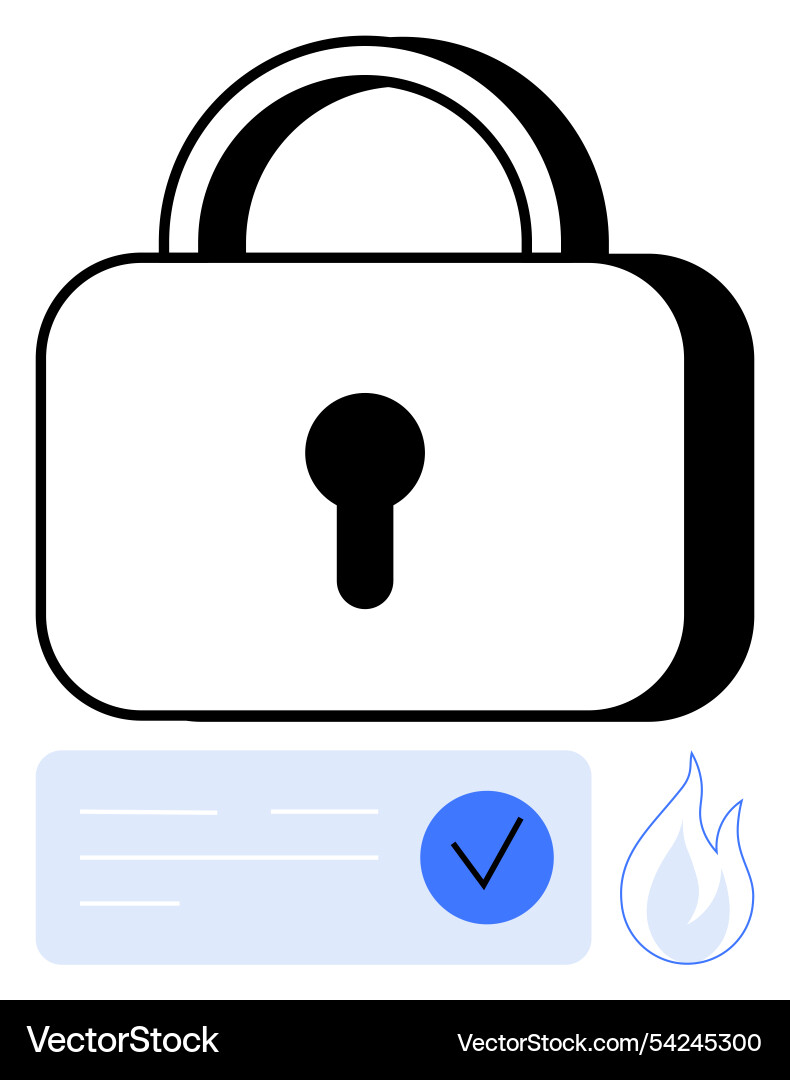 Secure lock with authentication element and flame Secure lock with authentication element and flame Vector Image